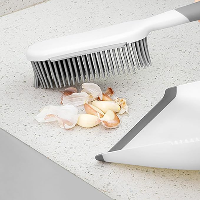 Multi-use Cleaning Brush and Broom Dustpan Set, 2pcs Mini Sweeping Tools with Bed and Desktop Brush for Home Dust Removal, White and Grey Handheld Cleaning Accessories