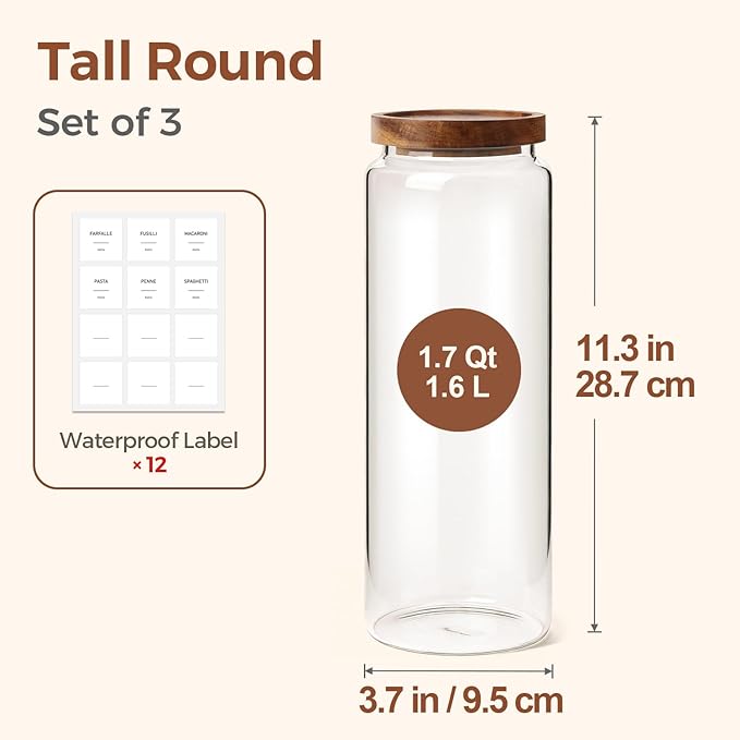 ComSaf 3Pcs (1.7Qt) Airtight Glass Pasta Storage Containers with Acacia Wood Lids, Tall Pantry Storage Container for Organizing Spaghetti and Pasta, Thick Glass Spaghetti Container with Pasta Labels