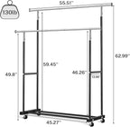 VICERII Double Clothing Rack, 130LB Capacity Heavy Duty Garment Rack with Wheels and Bottom Shelf, 55.51 Inch Long Rolling Clothes Racks for Hanging Clothes, Black