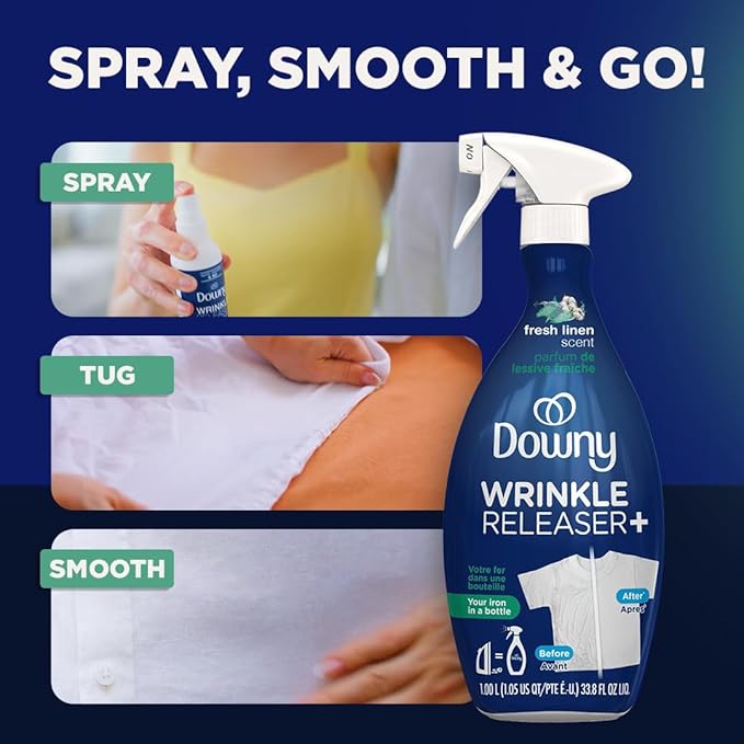 Downy Wrinkle Release Spray, Travel Size Spray, All In One Formula, Removes Wrinkles, Static and Odor Eliminator, Crisp Linen Scent, 3 Fl Oz, Pack of 3