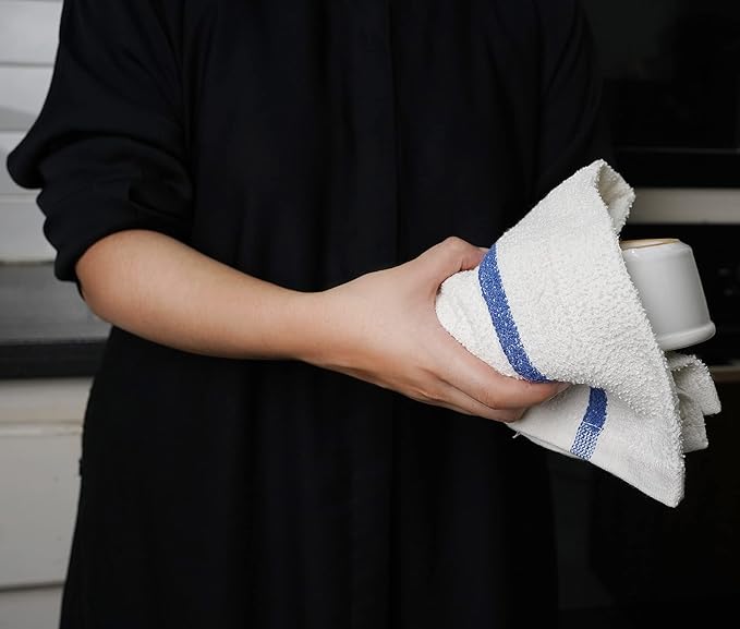 STF Linen Bar Mops Blue Stripe Pack of 24 Kitchen Towels 16x19 Multi-Purpose for Home, Restaurant and Cleaning White Absorbent Washcloth Dishcloths Sets, Reusable Dish, Cloths Rags