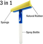 Car Window Cleaner Squeegee with Sponge and Rubber Blade Cleaning Tool Wiper with Spray Bottle 3 in 1 Multipurpose | for Indoor and Outdoor, Home, Car Window, Glass (2 Pack)