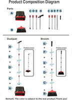 Broom and Dustpan Set, Stand Upright Windproof Dustpan, Long Handle Broom and Dustpan with Teeth for Home Kitchen Room Office Lobby Floor Cleaning (Black+Red)