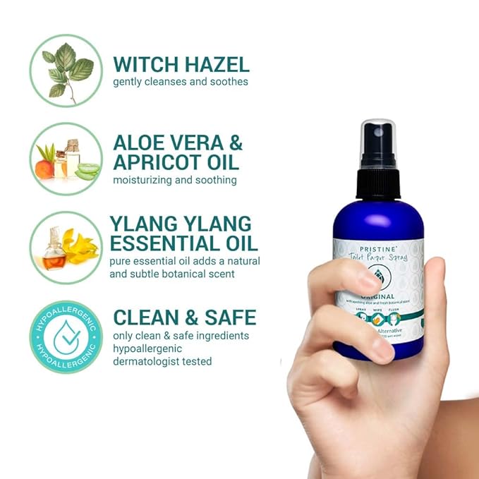 PRISTINE Toilet Paper Spray - As Seen on Shark Tank, More Natural Personal Cleansing Wipes & Flushable Wet Wipes Alternative, Spray Toilet Paper to Create Flushable Wipe, Original, 4 fl oz