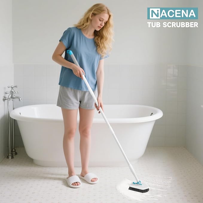 nacena Shower Scrubber with Long Handle, 4 in 1 Tile Tub Scrubber Brush with 3 Detachable Cleaning Shower Heads and Floor Squeegee Shower Cleaner Brush for Bathroom Kitchen Tub Sink Floor, Blue White