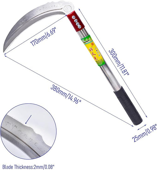 1pce 380mm/14.96in Stainless Steel Billhook Brush Clearing Sickle for Grass,Weeding Tools for Garden,Curved Sawtooth Sickle,Machete Axe for Cutting Trees,Steel Blade Knife in Hand