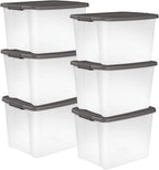 Sterilite 6-Pack ShelfTote, Clear Plastic Storage Bins with Lids, 50 Quart, Gray - Stackable Organizing Container Boxes for Closet, Bathroom, and Office