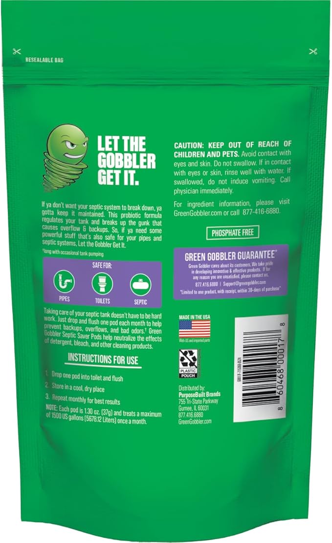 Green Gobbler Septic Tank Treatment Packets - Natural Bacteria to Prevent Costly Septic Issues, Back-Ups, Foul Odor (24 Pods) Pod: Color May Vary