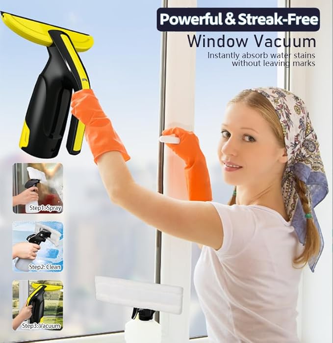 Kiato Window Vacuum Squeegee Cordless, 11" Rechargeable Window Vac Cleaner with Spray Bottle, Electric Squeegee for Windows, Tiles, Mirrors, 200ml Water Tank, WC04