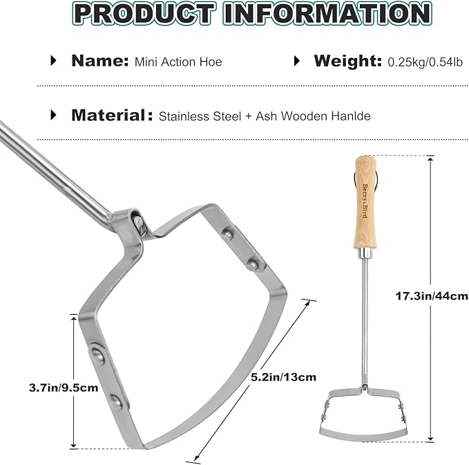 Berry&Bird Mini Hula Weeding Hoe 17.3''Stirrup Hoe Stainless Steel Weed Puller Tool Gardening Action Scuffle Loop Hoes Garden Tools with Wooden Hand Weeder Cultivator Cutting Roots Loosening Soil