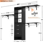 iSunirm 8FT Closet System, 96'' Closet Organizer System with 3 Hanging Rods, Wall Mount Bedroom Wardrobe with 3 Drawers Walk-in Closet, Adjustable Cloth Garment Rack from 5 to 8FT (Cut to Fit), Black