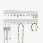 Necklace Holder Wall Organizer - Jewelry Hanging Hooks for Necklaces, Bracelets, Earrings - Easy Stick-On Installation - Space-Saving Metal Design, Silver