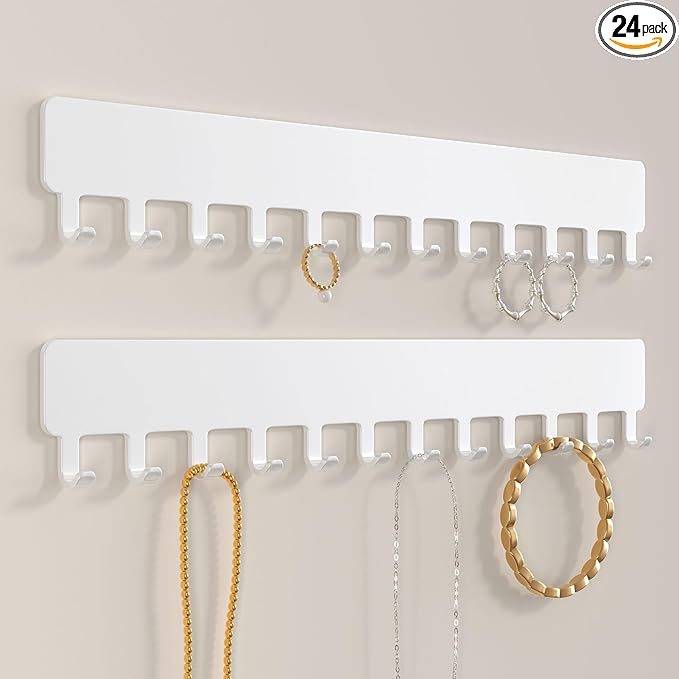 Necklace Holder Hanging Jewelry Organizer - Self-Adhesive Wall Mounted for Necklaces, Bracelets, 2 PCS, White