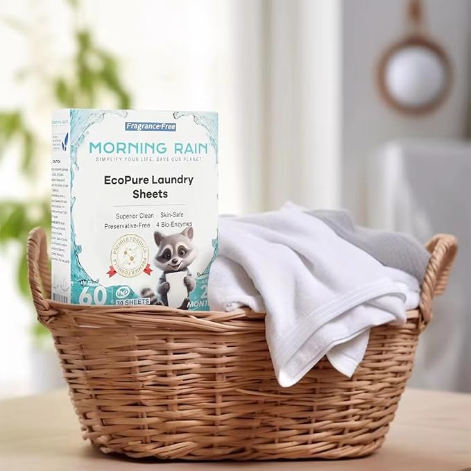 MorningRain Eco Laundry Detergent Sheets - Ingredients from Finland, Unscented, Bio-Enzyme Formula, Power Clean, 30 Sheets (Up to 60 Loads) - Non-Toxic, Preservative-Free, Skin Safe, Designed in USA