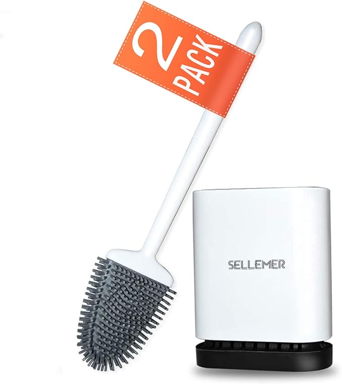 Sellemer Toilet Brush and Holder Set for Bathroom, Flexible Toilet Bowl Brush Head with Silicone Bristles, Compact Size for Storage and Organization, Ventilation Slots Base (2 Pack, Pearl White)