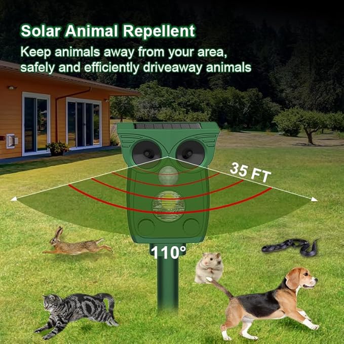 Solar Ultrasonic Animal Repeller, Outdoor Cat Deterrent with Motion Sensor, Waterproof Fox Repellent, Humane Pest Control for Dogs, Rats, Birds (1PACK)