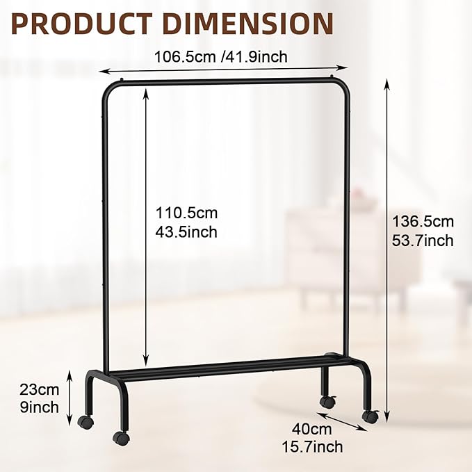 STARLATTA Rolling Clothing Racks for Hanging Clothes, Garment Rack for Clothes to Hang, Metal Portable Wardrobe Rack for Coats, Jackets, Shirts, Dress,Black