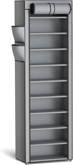 Kitsure Shoe Rack - 10-Tier Large Capacity Shoe Organizer Shelf with Dust Cover & Side Pockets, Rust-Proof Metal Shoe Rack for Closet, Entrance, Living Room, 17.5" x 12.4" x 69.3", Grey