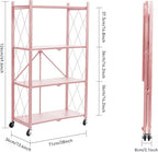 BRIAN & DANY 4-Tier Foldable Storage Shelves with Wheels, Folding Metal Rack Shelving Unit, Heavy Duty No Assembly Organizer Shelf for Garage, Kitchen, Basement, Pantry, Pink