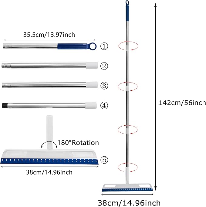Multifunction Magic Air Broom, Silicone Broom with 56" Long Handle, 4 in 1 Rubber Squeegee Sweeper for Floor Bathroom Kitchen Shower Tile Pet Hair Fur Marble Glass Water Window Foam Cleaning (Blue)