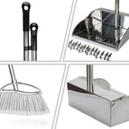 Outdoor Broom and Dustpan Comb Set,Heavy Duty Stainless Steel Metal Dust Pan with Long Handle Commercial Stiff Bristles Broom for Home Garage Garden Patio