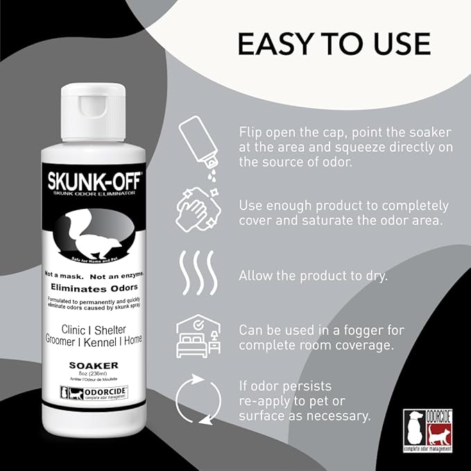Skunk Off Pet Odor Eliminator Soaker Bottle - Ready to Use Skunk Odor Remover for Dogs, Cats, Home, Car, Clothes & More – Skunk Odor Eliminator Pet Cleaner w/Non-Enzymatic Formula, Safe for Pets, 8oz