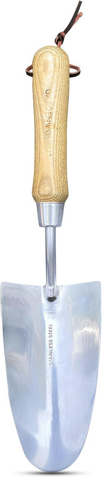 Garden Guru Eco Super Strong Garden Trowel with Ergonomic Wood Handle - 100% Recycled Stainless Steel - Rust Resistant - FSC Certified Wood - Perfect Tool for Gardening Weeding Transplanting & Digging