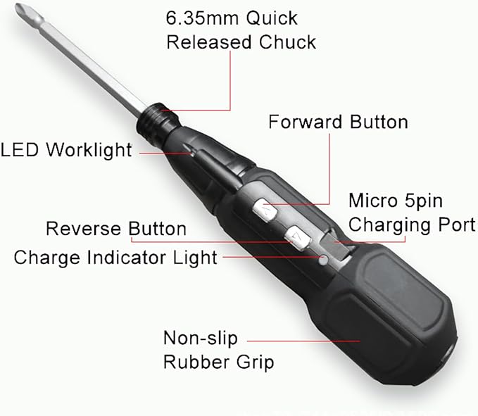 Electric Screwdriver Cordless Rechargeable Power Screwdriver Set, Portable Automatic Home Repair Tool Kit with LED Lights & USB Charging Cable for Men (1PCS)