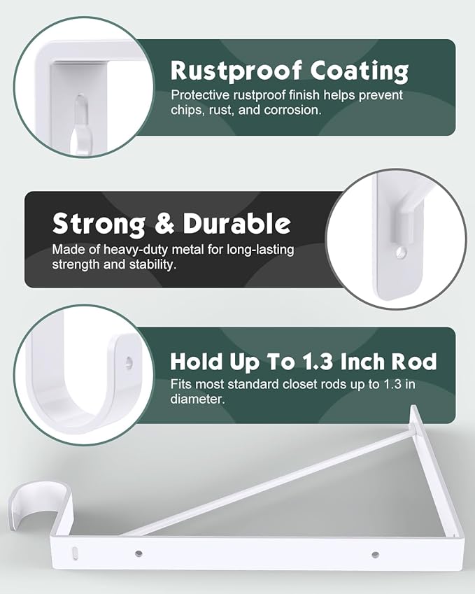 Supforce 2 Pack Closet Rod Bracket, Heavy Duty Closet Rod Support with Rod Holder, Wall Mounted Closet Shelf Brackets with Triangle Stabilizing Design for Closet, Bathroom and Kitchen, White