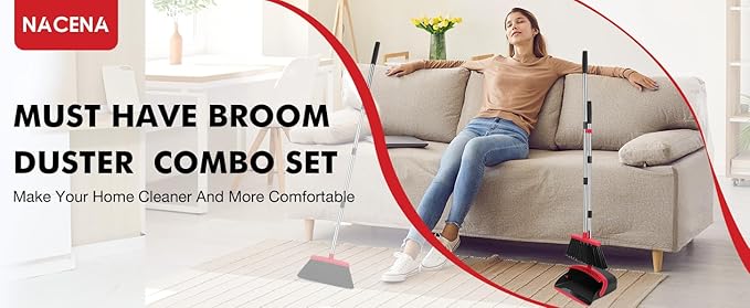 Broom and Dustpan Set – Upright Standing Broom with Long Handle and Clip-On Dustpan – Indoor Sweeping Set for Home, Office, or Kitchen – Space-Saving & Easy to Store (Orange & Black)