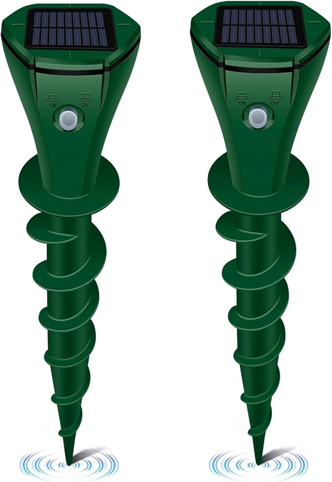 Solar Mole Repellent Ultrasonic, Vole Repeller with 3 Modes & IP65 Waterproof, Gopher & Snake Repellent for Lawn Garden Farm, 5000 SqFt Coverage for Moles Gophers Voles Snakes Groundhogs, 2 Pack