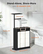 30" H Toilet Paper Holder Stand with Storage for Up to 12 Rolls,Rustproof Free Standing Toilet Paper Stand with Shelf,All-in-One Toilet Tissue Roll Dispenser and Organizer with a Basket,Black