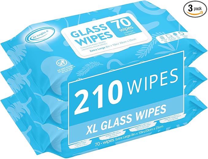 Air Jungles Glass and Window Cleaner Wipes 70 Count (Pack of 3), Extra Large 8" x 10" Size Multi-Surface Glass Cleaning Wipes for Car Windshield, Headlight, Mirror, Tile, and Household Appliance