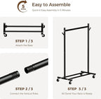 Clothes Rack, 3-in-1 Clothing Rack for Hanging Clothes, Rolling Garment Rack with Coat/Hat Hooks, Portable Coat Rack, Sturdy Wardrobe Rack Metal Closet Rack 280LBS for Bedroom Living Room, Black