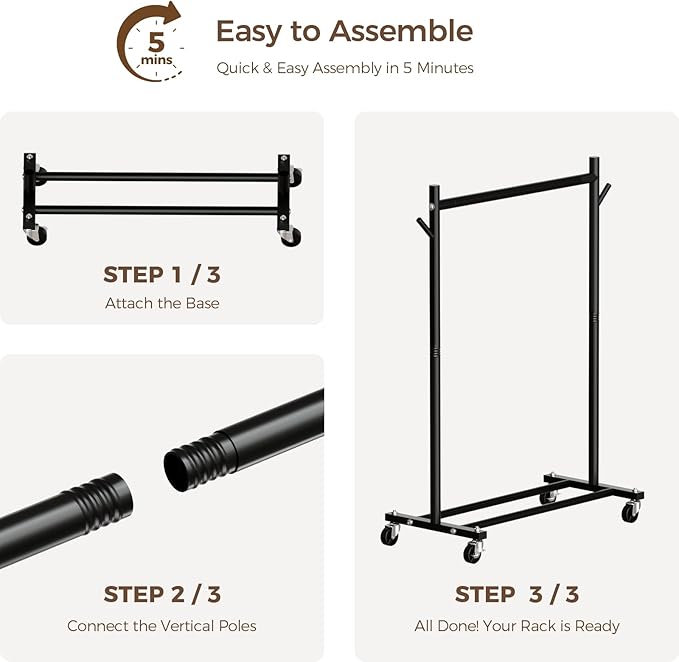Clothes Rack, 3-in-1 Clothing Rack for Hanging Clothes, Rolling Garment Rack with Coat/Hat Hooks, Portable Coat Rack, Sturdy Wardrobe Rack Metal Closet Rack 280LBS for Bedroom Living Room, Black