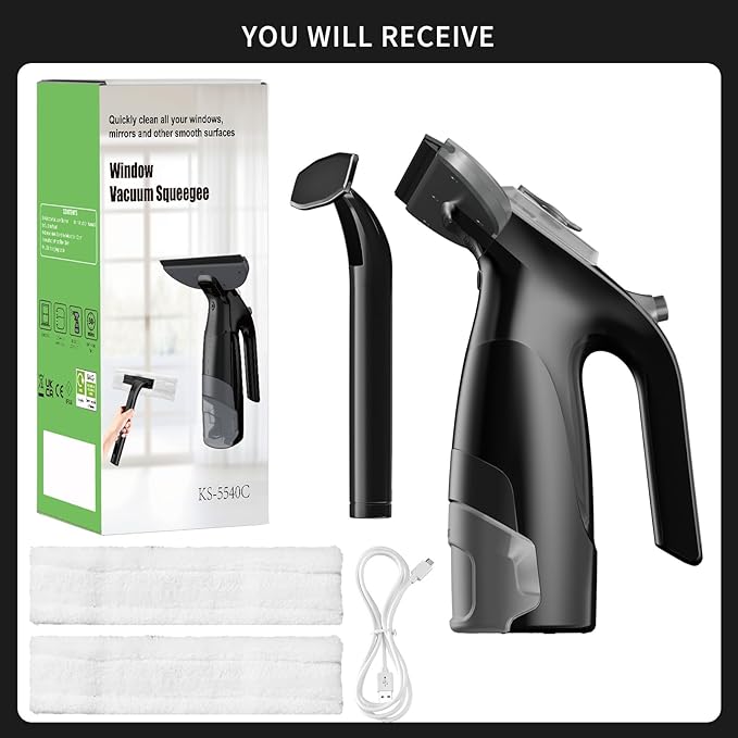 Window Vacuum Squeegee Cordless, Window Vac with Detachable Water Tank and Strong Suction, Electric Window Cleaning Tool for Shower Wall, Glass, Mirror, Countertop, Tiles, Car Windshield