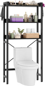 Besiost Over The Toilet Storage Rack - 3 Tier Bathroom Organizer with Shelves, Freestanding Space Saver Storage Rack Above Toilet Stand with 4 Hooks for Restroom, Laundry, Black