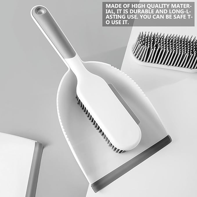 Multi-use Cleaning Brush and Broom Dustpan Set, 2pcs Mini Sweeping Tools with Bed and Desktop Brush for Home Dust Removal, White and Grey Handheld Cleaning Accessories