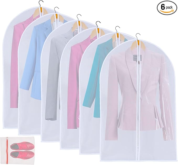 MsKitchen 6 Pack Shirt Garment Bags (24x36") - Dustproof Short Suit Covers - Durable PEVA Closet Bags with Sturdy Zipper for Blouses, Jackets, Sweaters & T-Shirts (Translucent)