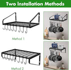 Felibeaco Hanging Pots & Pans Rack,Wall Mounted Pots Pans Organizer Holder Rack with 8 Hooks, Kitchen Wall Storage Organizer Hanger Shelves for Pans Set, Utensils, Cookware, Books, Household,Black