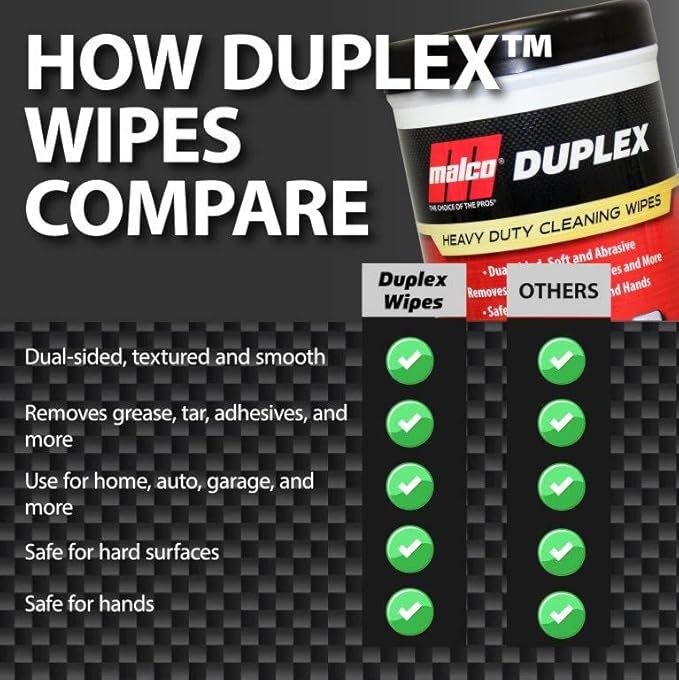 Malco Duplex Heavy Duty Cleaning Wipes for Home and Auto - Dual Sided Textured, Wet Wipe/Removes Grease, Tar, Paint, Oil, Dirt/No Residue/Safe for Hands/Made in USA (130 Wipes)