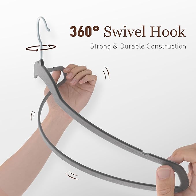 Velvet Hangers 50 Pack, Slim Non-Slip Clothes Hangers Space-Saving for Closet, Heavy Duty for Pants, Coats, Skirts, Jeans, Sweaters and More, Nylon-Flocked, Grey