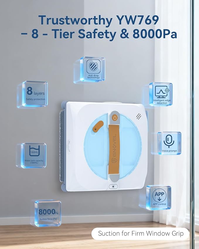 Window Cleaning Robot with 8000Pa, 2025 Upgraded Window Cleaner Robot with Intelligent Path Planning, 15-Stage Anti-Fall, App/Remote Control for Glass, Edge Detection System, Tile & Windows