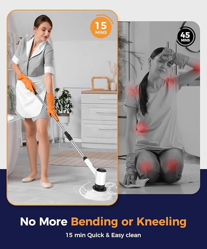 Electric Spin Scrubber, Cordless Cleaning Brush, Bathroom Shower Scrubber with 7 Replaceable Brush Heads, 2 Adjustable Speeds, Extension Handle, IPX7 Waterproof for Tub Tile Floor Car, White-o2.