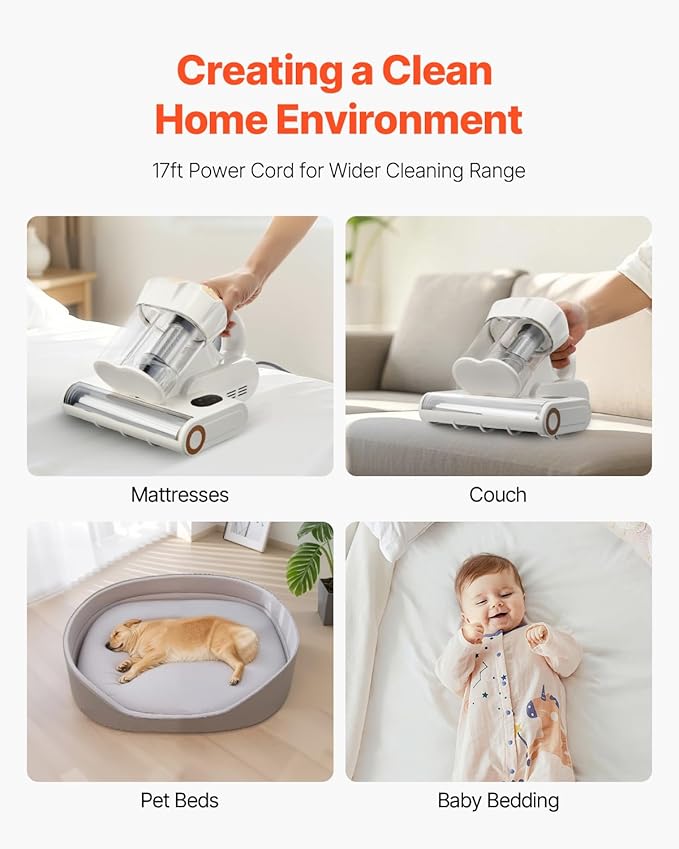 VEVOR Mattress Vacuum Cleaner, 550W Bed Vacuum Cleaner with 18Kpa Powerful Suction and Dual Dust Bin, HEPA Filter & Heating, Ultrasound Tech & Cleaning Lights, Handheld for Bed, Sofa, Corded, White