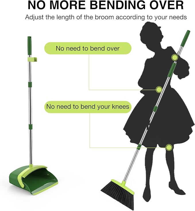 Broom and Dustpan Set, 52-in Long Adjustable Handle Broom Dustpan Combo with Dust pan Teeth to Automatically Clean Hair Suitable for Home Kitchen Office Hall Floor（Green）
