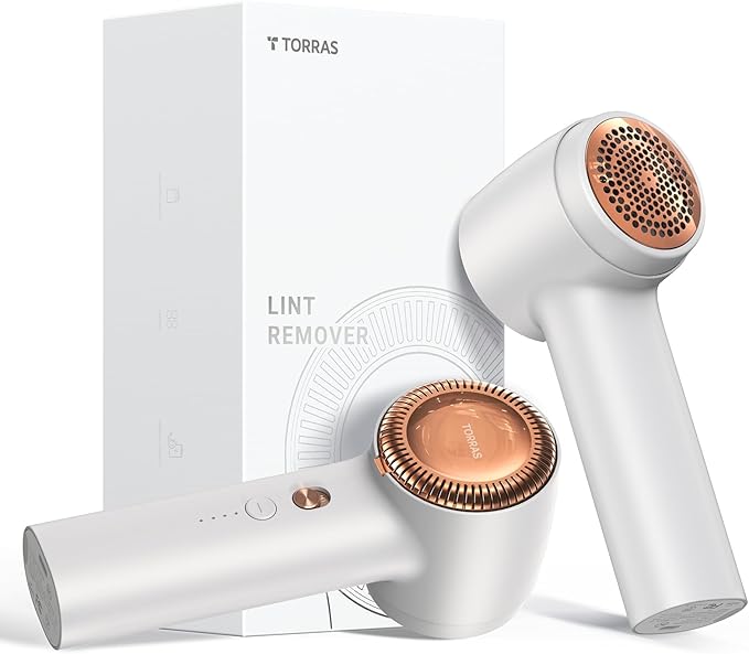 TORRAS Fabric Shaver Lint Remover, Rechargeable Electric 3-Speed Sweater Shaver Remove Fuzz, Pilling for Cashmere, Wool, Coat, Furniture, Clothes depiller with Replacement Blades, Pearl White