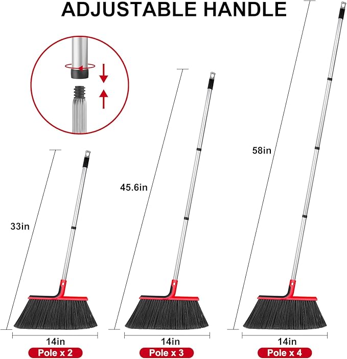 Angle Broom with 58″ Long Handle – 14″ Wide Stiff Bristles for Indoor & Outdoor Sweeping, Garage, Patio, Deck, Courtyard, Concrete, Leaves & Debris Removal