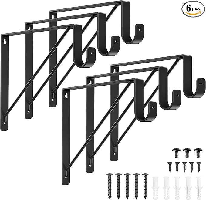 Supforce 6 Pack Closet Rod Bracket, Heavy Duty Closet Rod Support with Rod Holder, Wall Mounted Closet Shelf Brackets with Triangle Stabilizing Design for Closet, Bathroom and Kitchen, Black