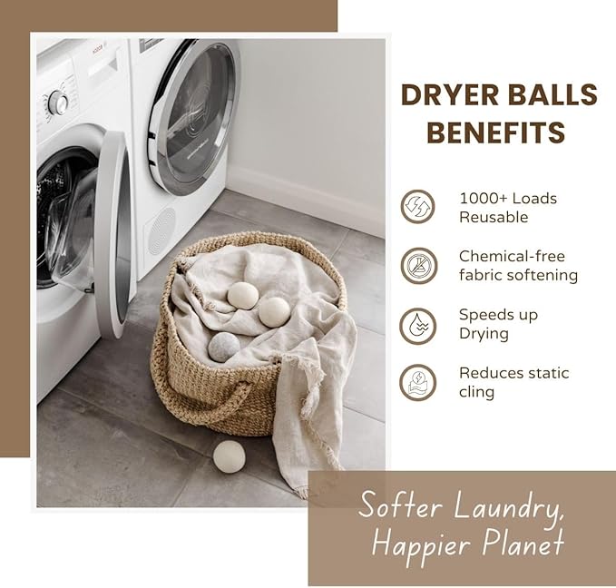 Laundry Wool Dryer Balls | Natural Fabric Softener – Reusable, Eco-Friendly, Reduces Drying Time – Wool Balls Replaces Dryer Sheets - 3 XL Pack - Laundry Balls for Dryer (3 Pack)